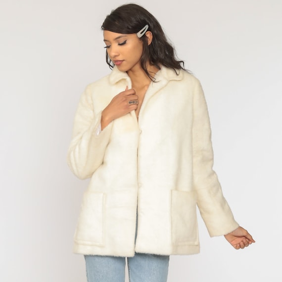 Off-White Faux Fur Coat Fake Fur Jacket Vegan Jacket Vintage 60s Bohemian Furry Glam 1960s Boho Large L