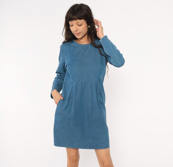 90s Denim Dress Talbots Long Sleeve Cotton Pleated Waist Knee Length Blue Chambray Shift Minimal Grunge Alt Summer Vintage Womens Medium M