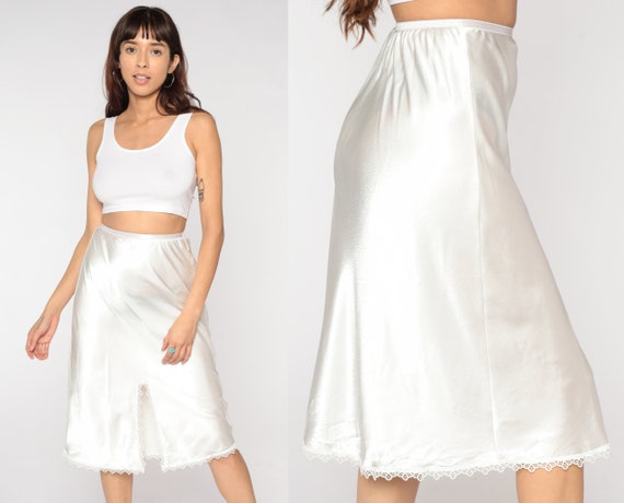 90s Satin Slip Skirt White Midi Skirt Party Lingerie Retro Romantic Feminine High Waisted Half Slip Lace Trim Vintage 1990s Small Medium