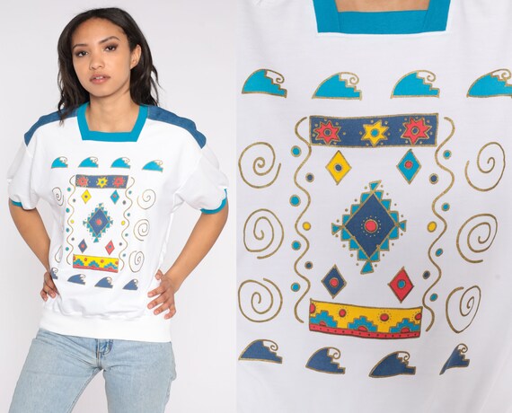Southwestern T Shirt 80s Geometric Wave Print Tshirt Southwest Graphic Ringer Tee Banded Hem Short Sleeve Sweatshirt Vintage 1980s Medium M
