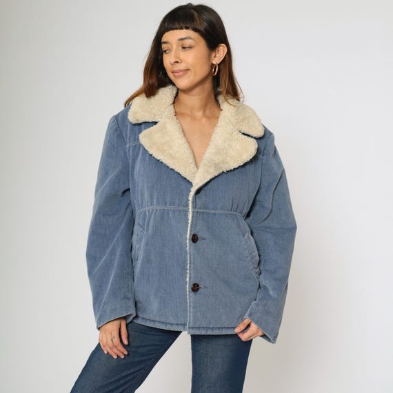 Vintage 70s Faux-Denim Sherpa Jacket Western Shearling Button Up Trucker Coat Blue 1970s Fleece Boho Winter Coat Men's 42 Large