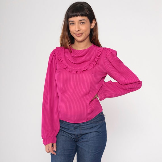 Sheer Striped Blouse 80s Fuchsia Ruffled Cowl Neck Top Party Vintage 1980s Long Puff Sleeve Shirt Pink Secretary Shirt Small Medium 6 8