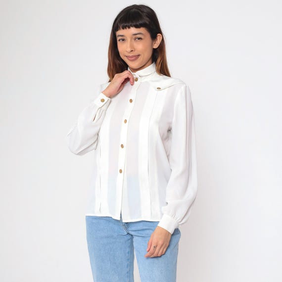 White Pleated Blouse 90s Military Inspired Gold Button Up Top Long Sleeve Collared Shirt Secretary Academia Office Vintage 1990s Small 6