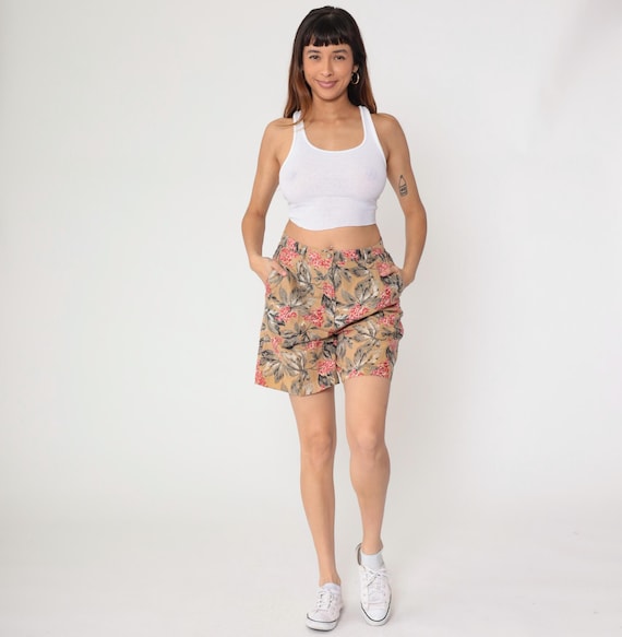 Y2K Floral Shorts Red Leaf Print High Waisted Pleated Linen Cotton Summer Casual Preppy Cottagecore Tropical Summer Beach Vintage Large L
