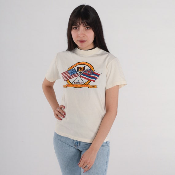 1984 Hawaii Shirt 25 Years of Statehood 80s Cream Short Sleeve Hawaiian Statehood Tee 50th State Tee Graphic T Shirt Cream Vintage Small