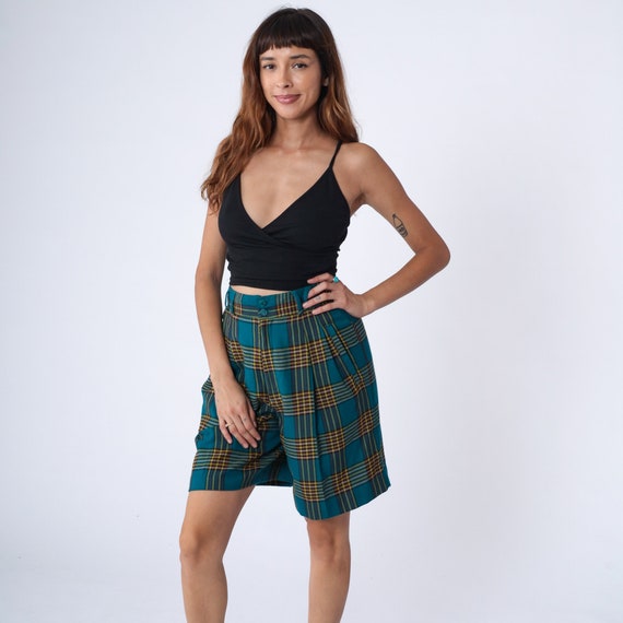90s Plaid Shorts Blue Pleated Trouser Shorts Mom High Waisted Retro Checkered Preppy Knee Length Bermuda Vintage 1990s Yellow Small 28