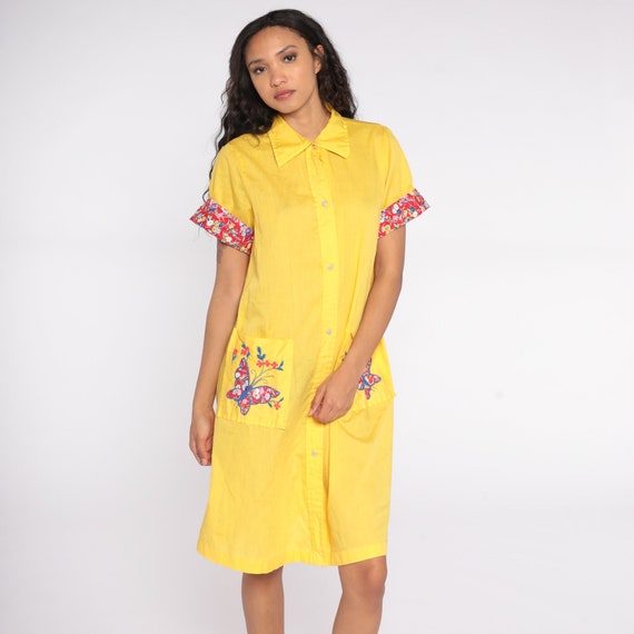 60s House Dress Yellow Butterfly Dress Embroidered Day Dress Loungewear Boho Midi Button Up 70s Vintage Retro Shift Pocket Medium Large