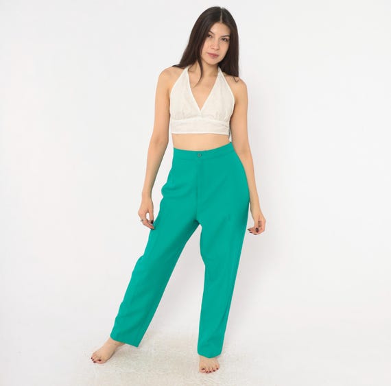 70s Teal Trousers High Waist Wide Leg Pants Emerald Green Straight Leg Tapered Bend Over Preppy Disco Era Vintage Womens Petite Large L