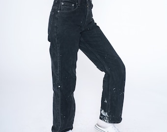 90s Black Jeans Paint Splatter Jeans Mid Rise Straight Leg Retro Denim Pants White Splattered Boyfriend Bootcut Mom Vintage 1990s Small S 27