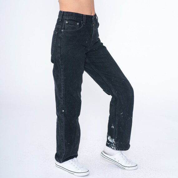 90s Black Jeans Paint Splatter Jeans Mid Rise Straight Leg Retro Denim Pants White Splattered Boyfriend Bootcut Mom Vintage 1990s Small S 27