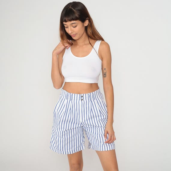 Blue Striped Shorts 90s High Waisted White Cotton Elastic Waistband Cuffed Hem Relaxed Fit Vintage Summer Preppy Tennis Golf Cute Small S