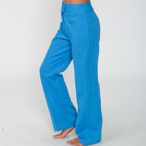 BELL BOTTOM Pants 26 x 32 -- 70s Blue Polyester High Waisted Trousers Boho Flared 1970s High Waist Hippie Vintage Bohemian Small 4 tall Long
