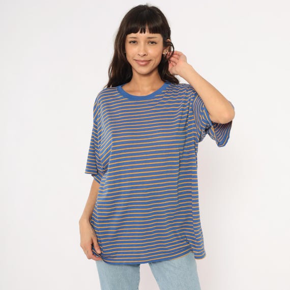 90s Striped Tee Blue Gold Horizontal Stripe Cotton Short Sleeve Relaxed Fit Cobalt Mustard Unisex Streetwear Vintage Shirt Extra Large XL