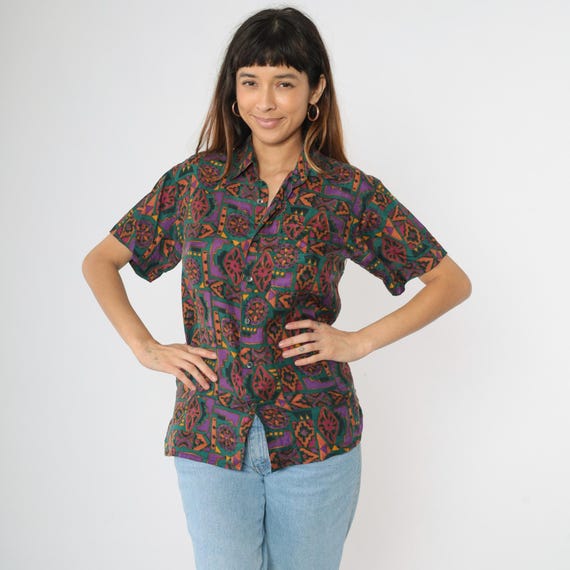 Geometric Silk Shirt 90s Button Up Retro Purple Green Abstract Print Short Sleeve Collared Streetwear Vintage 1990s Small xs