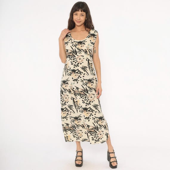 90s Animal Print Maxi Dress Cream Black Leopard Floral Tie Back Shift Summer Sundress Tank Ivory Cheetah Abstract Safari Women Large L