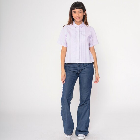 Lavender Pleated Blouse Vintage 80s Button Up Shirt Pleat Front Top 1980s Short Sleeve Plain Basic Blouse Medium