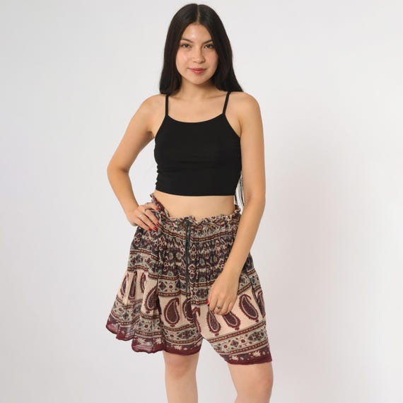 Paisley Boho Shorts 90s Burgundy Cotton Vintage Hippie Bohemian Grunge Festival Flowy Peasant Drawstring Tiered Aesthetic Medium M 10