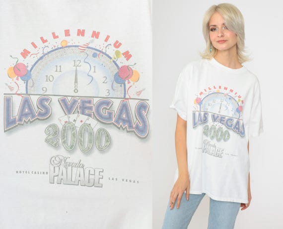 Vintage Las Vegas 2000 Shirt Y2K Millennium New Years Day T-Shirt Nevada Palace TShirt Distressed Graphic Tee 2000s NYE T-Shirt 00s Large