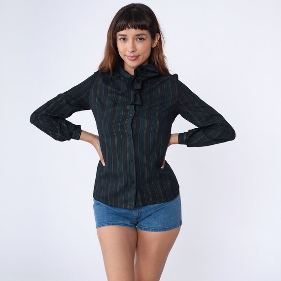 70s Striped Shirt Black Ascot Blouse Vintage Neck Tie Top Secretary 1970s Boho Long Sleeve Bohemian Vintage Small S