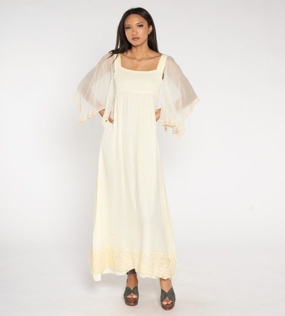 70s Boho Maxi Dress Angel Sleeve Empire Waist Cre… - image 2