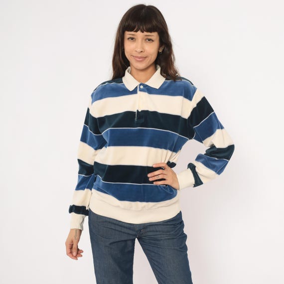 80s Striped Rugby Polo Velour Long Sleeve Cream Navy Blue Collared Pullover Button Placket Preppy Collegiate Stripe Top Shirt Vintage Medium