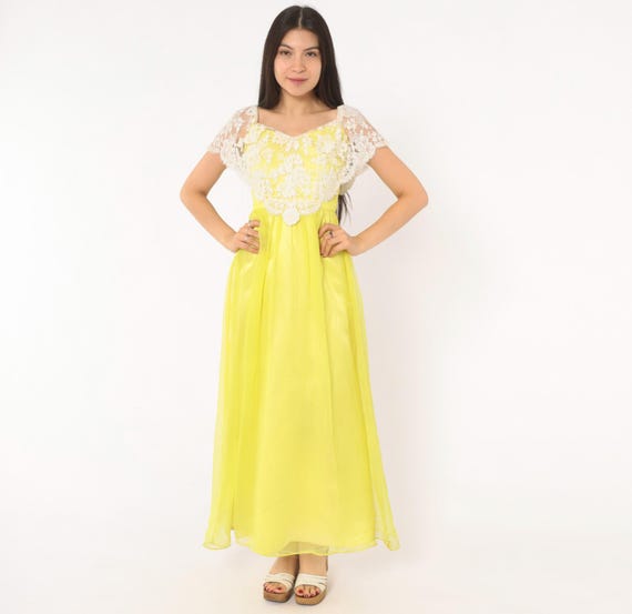 70s Yellow Lace Gown Chiffon Maxi Dress White Beaded V Neck Empire Waist Evening Prom Wedding Lemon Summer Bright Garden Extra Small XS