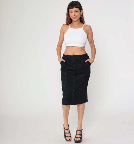 90s Button Up Skirt Black Floral Embroidered Midi Pencil Skirt Vintage Knee Length 1990s Dark Academia Pockets Medium