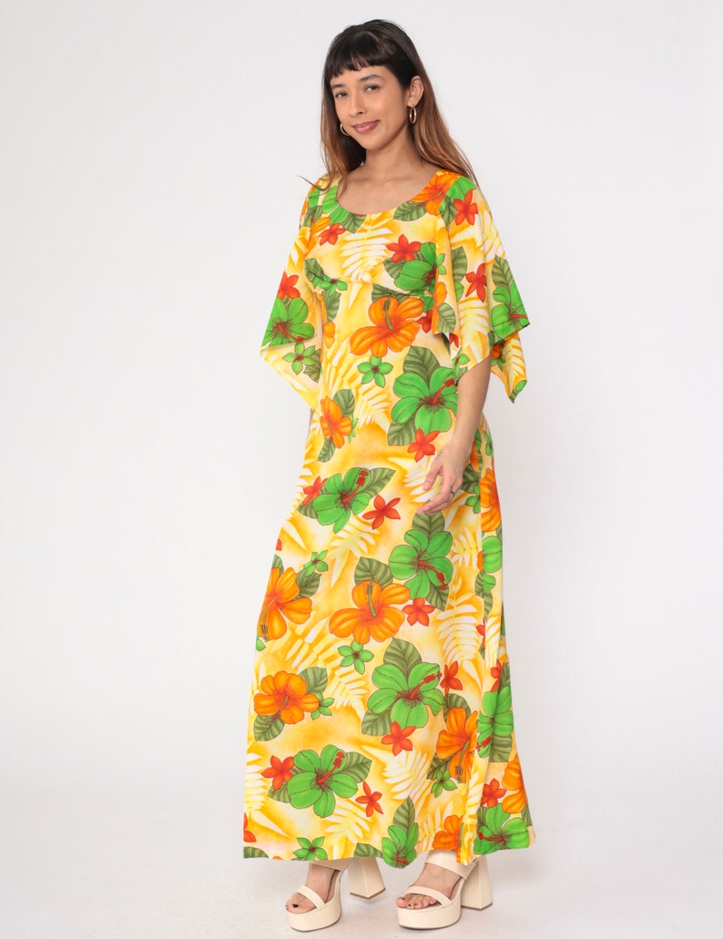70s Hawaiian Maxi Dress Angel Sleeve Floral Empire Waist Hippie ...