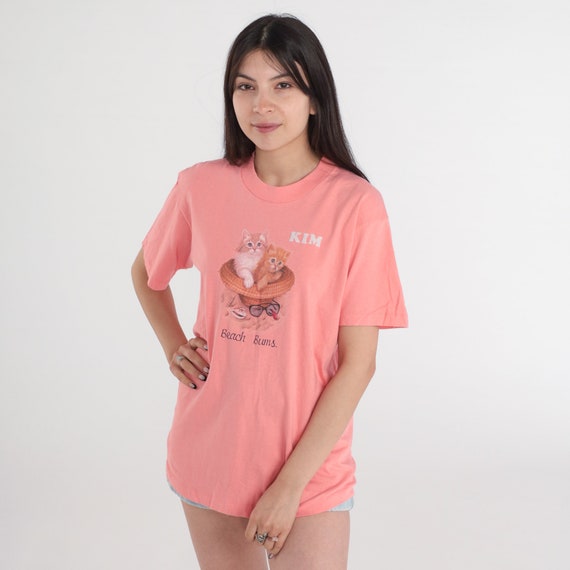 Beach Bums Cat Shirt 90s Kim T Shirt Kitten Shirt Cute Kawaii Pink Graphic Tee Retro Tourist Surfer Top Vintage 1990s Small Medium