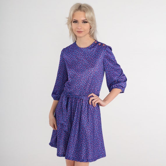 Purple Confetti Dress 80s Mini Dress Dot Print Dress 1980s High Waisted Vintage 1980s Secretary 3/4 Puff Sleeve Button Shoulder Small Medium