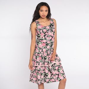 Pink Floral Dress 80s Midi Rose Print Dress Tiered Flounce Drop Waist Vintage Bohemian Sundress Sleeveless Tank 1980s Sun Dress Black Small