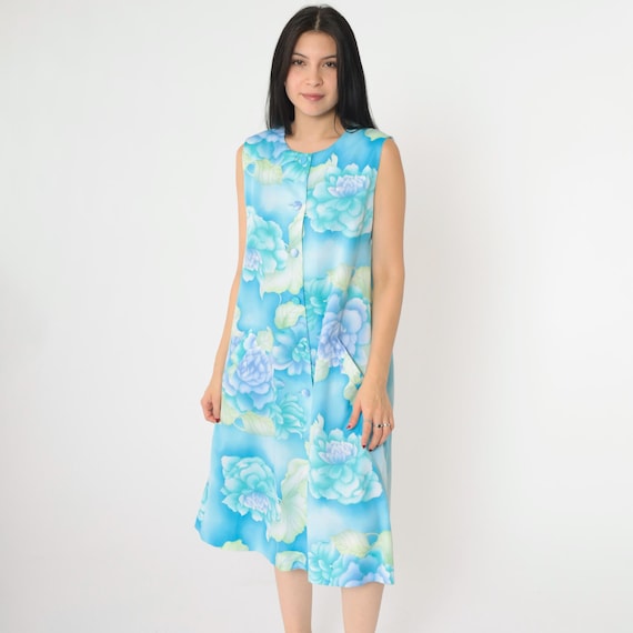 Vintage Hawaiian Floral Dress 60s Mod Blue Midi Sleeveless Shift Button Up Shirtdress Andrade Honolulu Polynesian Casuals 1960s Small 6