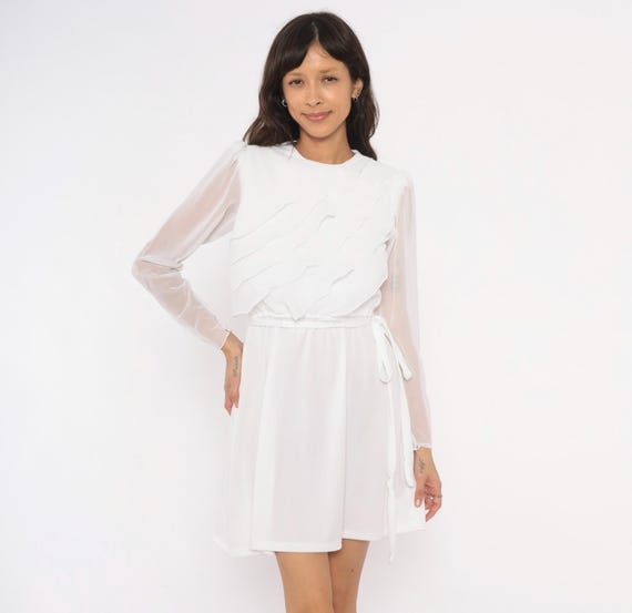 70s Ruffled Chiffon Dress White Long Sleeve Sheer Arm Mini Tiered Bodice Feminine Vintage Bridal Fairy Party Summer Beach Vacation Small S