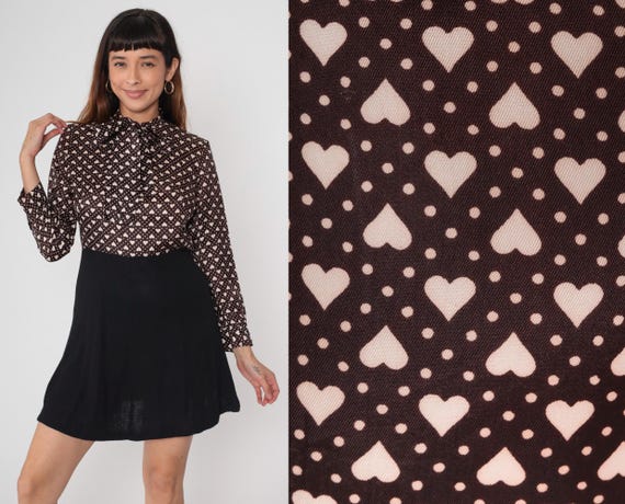 Heart Print Mini Dress 60s Brown Pink Polka Dot Long Sleeve Vintage Mock Neck Secretary Novelty Print Office Valentine Medium M 8