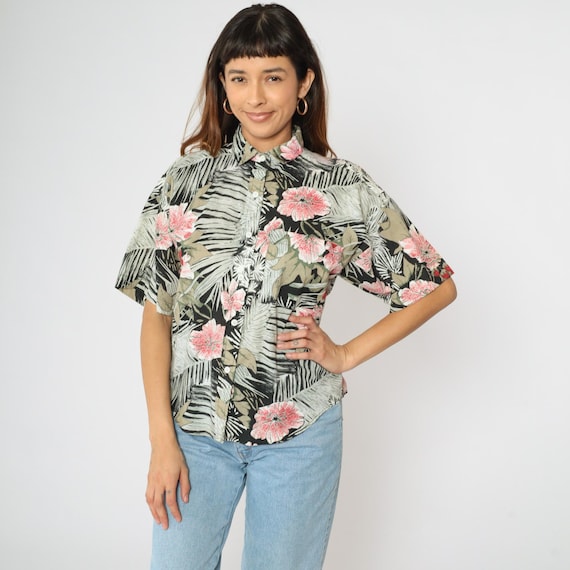 Vintage Tropical Floral Blouse 90s Black Button Up Shirt Summer Top Short Sleeve 1990s Grey Red Botanical Jungle Retro  Large