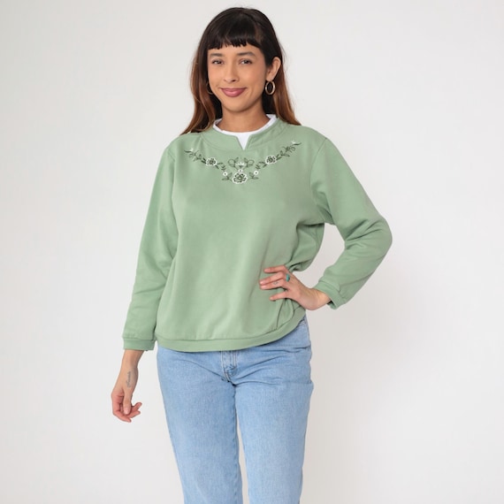 Green Floral Sweatshirt Y2K Embroidered Flower Print Graphic Split Crewneck Double Collar Vintage 00s Blair Petite Medium M