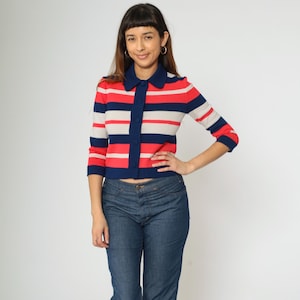 60s Wool Cardigan Sweater Striped Button Up Sweater Cropped Navy Blue White Pink 1960s Boho Vintage Extra Small xs