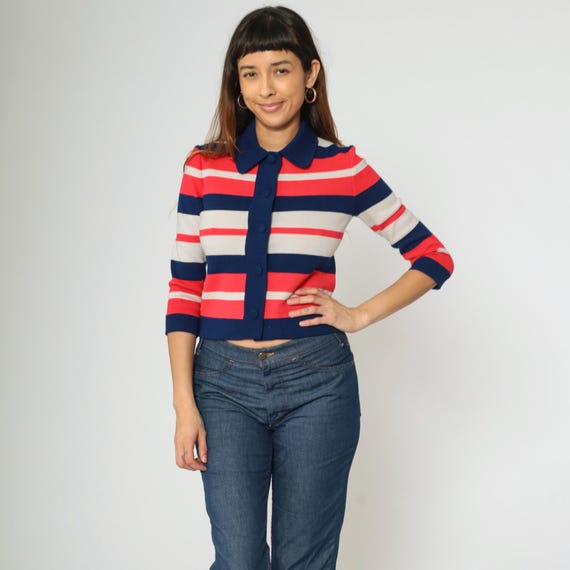 60s Wool Cardigan Sweater Striped Button Up Sweater Cropped Navy Blue White Pink 1960s Boho Vintage Extra Small xs