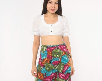 90s Tropical Leaf Wrap Skort Magenta Teal Green Orange Tie Waist Mini Shorts Skirt Overlay Colorful Print Summer Vintage Extra Large XL