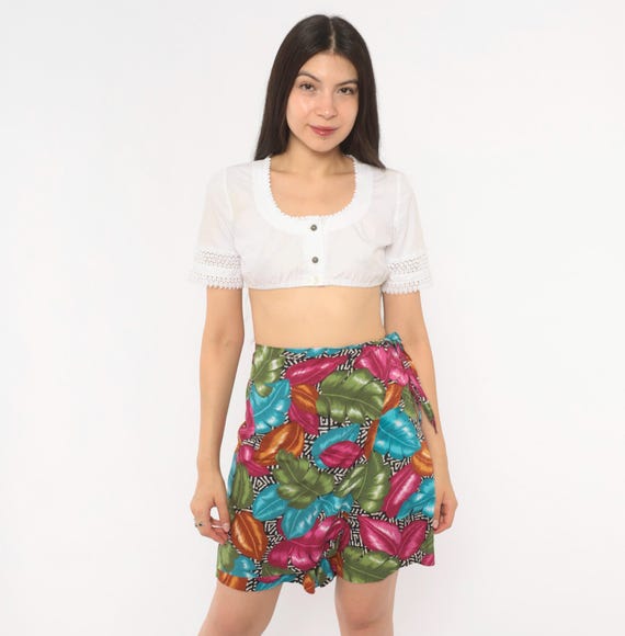 90s Tropical Leaf Wrap Skort Magenta Teal Green Orange Tie Waist Mini Shorts Skirt Overlay Colorful Print Summer Vintage Extra Large XL