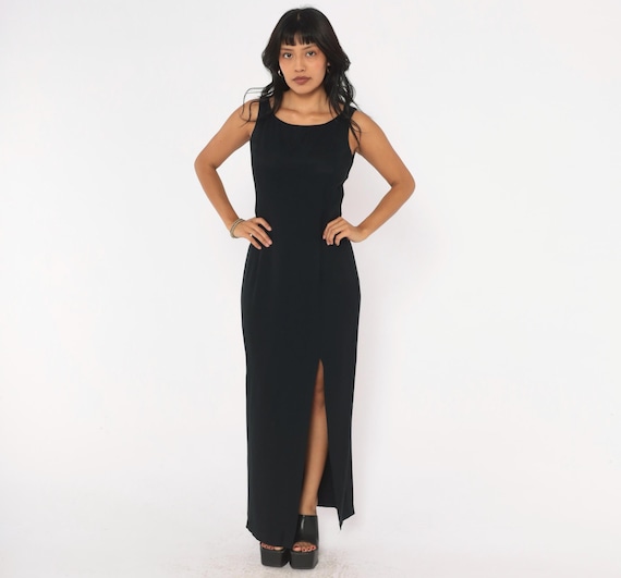 90s Black Maxi Dress Gunne Sax Sleeveless Scoop Neck Slit Cutout Back Long Evening Formal Prom Column Gown Minimalist Goth Womens Small S