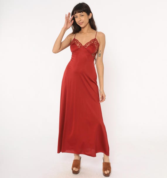 70s Red Slip Dress Lace Trim Empire Waist Nightgown Romantic Coquette Boudoir Vintage Rust  Terracotta Loungewear Date Night Vampy Small S