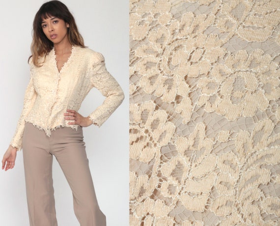 Beaded Lace Blouse 80s Lace Top Peach Pearl Beaded