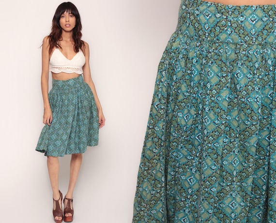 60s Skirt Circle Skirt Knee Length Pinup Skirt Boho High Waist 1960s Cotton Skirt Pin Up Skirt Vintage Green Blue Small