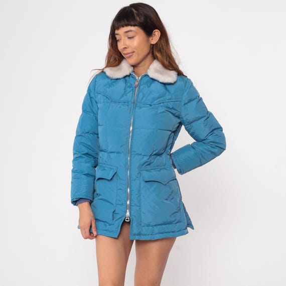 70s Puffer Coat Ms. Pioneer Turquoise Blue Winter Jacket White Fur Collar Quilted Down Vintage Ski Snow Outerwear Retro 1970s Mod Small S