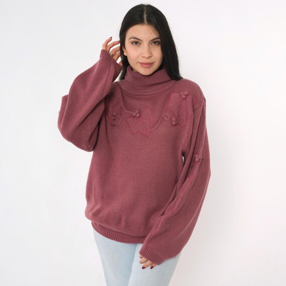 Vintage Leaf Appliqué Sweater 80s Dusty Mauve Turtleneck Pullover Knit Floral Embroidered Textured Berries 1980s Slouchy Medium Large