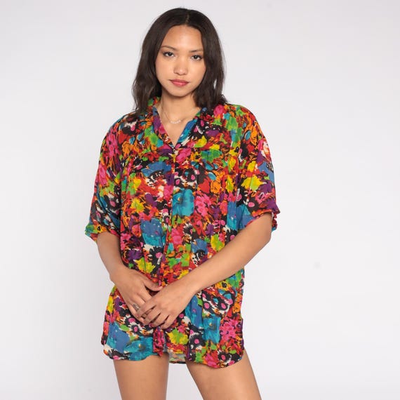 Psychedelic 90s Shirt Abstract Brushstroke Floral Multi Color Short Sleeve Cotton Blend Rainbow Bright Bold Colorful Vintage Top Medium M