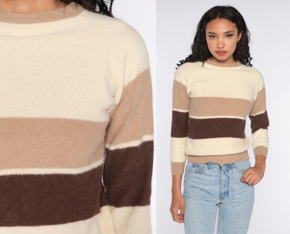 Cream Striped Sweater xs -- 80s Wool Sweater Slouch 1980s Jumper Vintage Pullover Retro Brown Extra Small xs