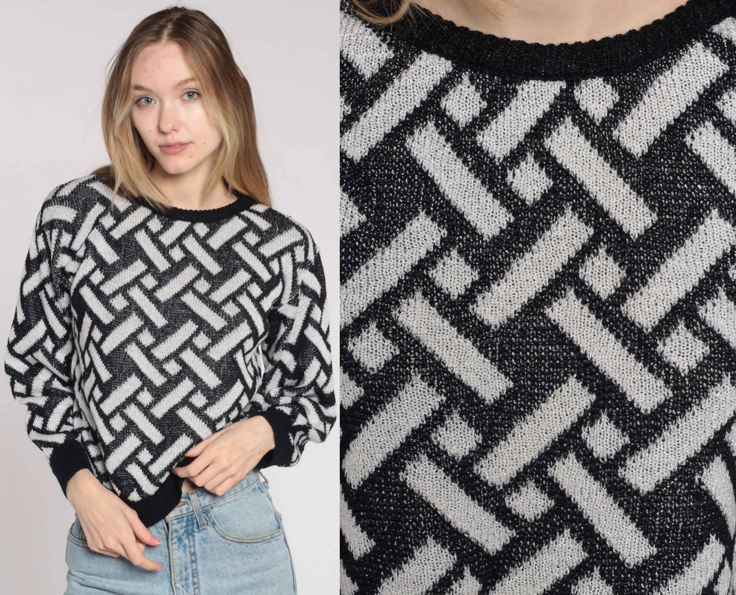 Geometric Sweater 80s Black White Checkered Knit Pullover Sweater 1980s