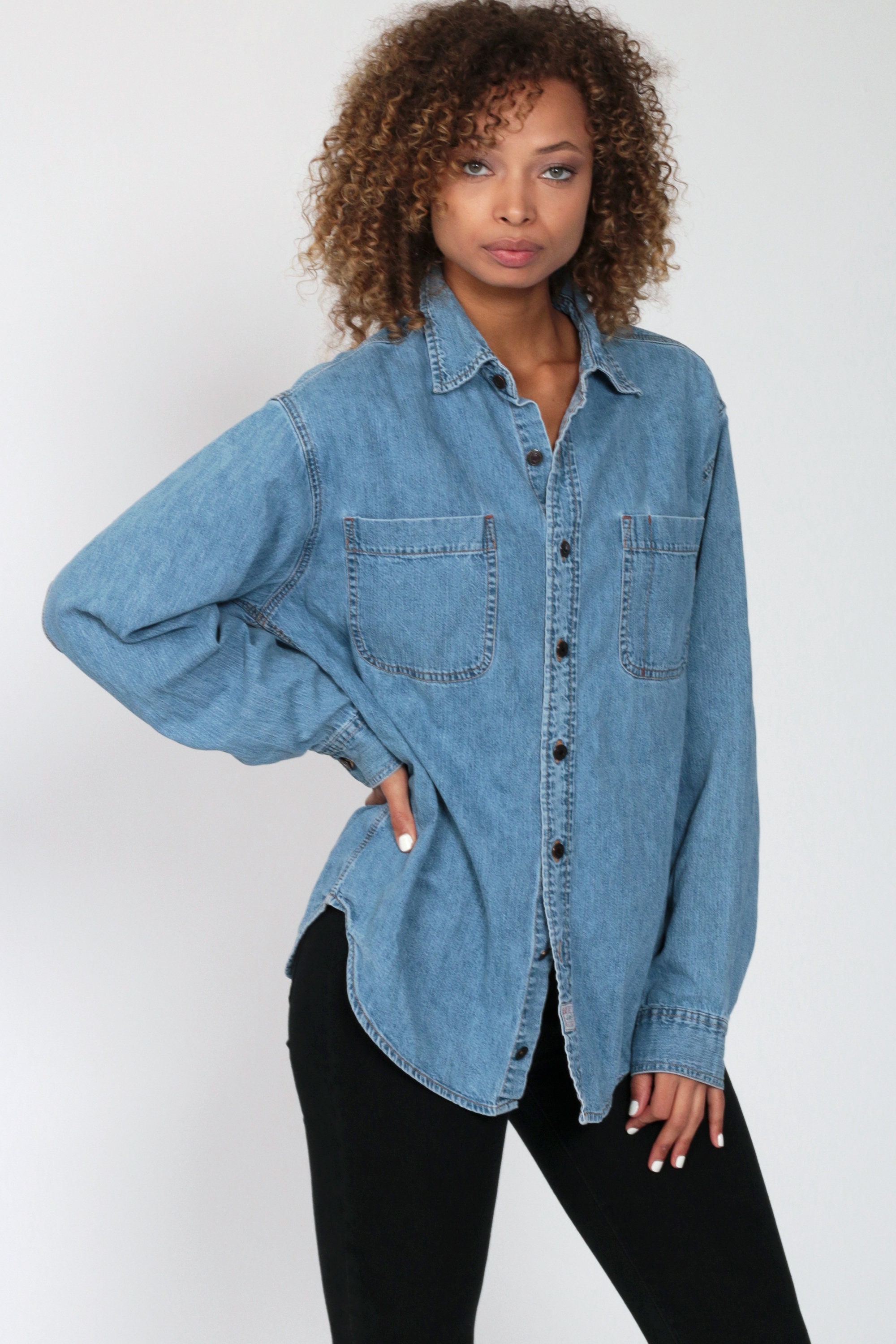 Levis Denim Shirt Button Up Shirt LEVI STRAUSS Jean Shirt 90s Blue Grunge Long Sleeve Cotton